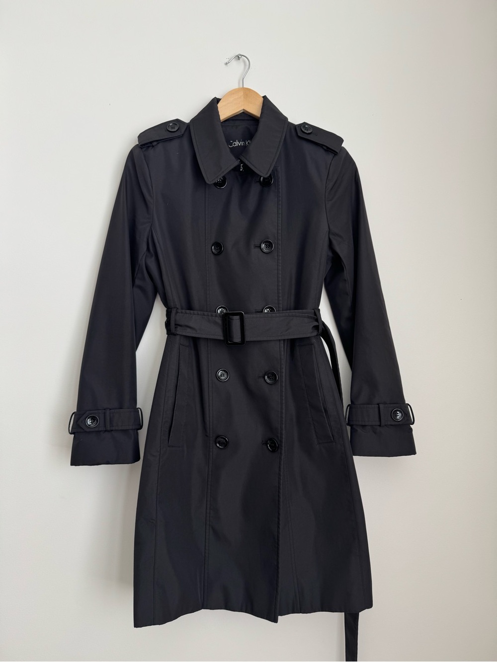 Calvin Klein Black Double-Breasted Trench with Belted Waist